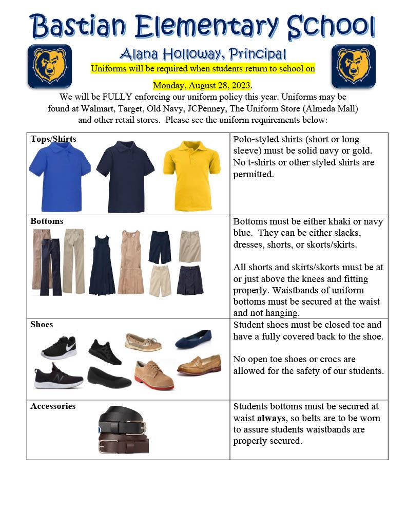  Uniforms will be required when students return to school on Monday, August 12, 2024.